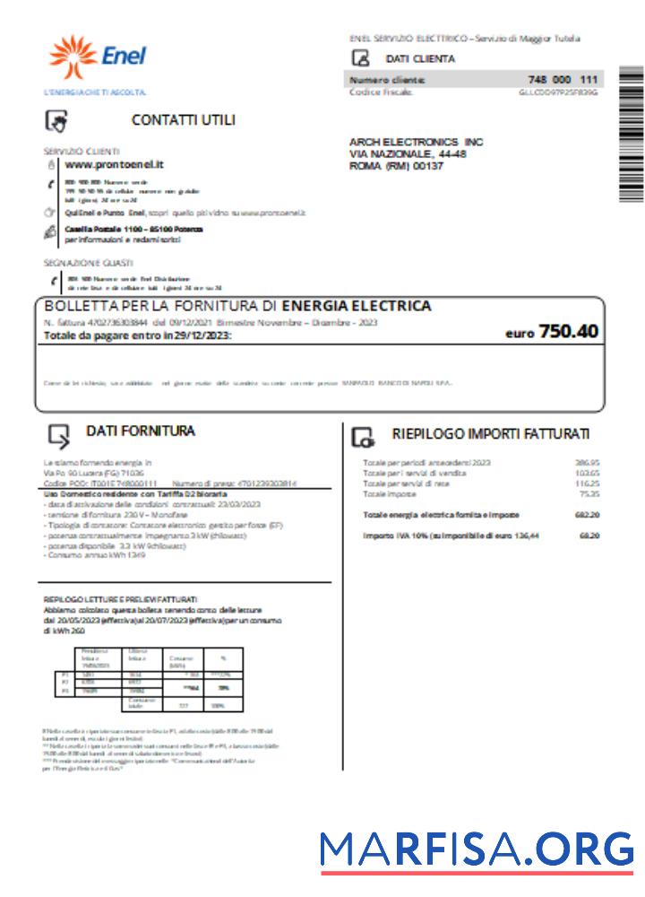 Printable Enel electricity utility business bill, SCR download for verification